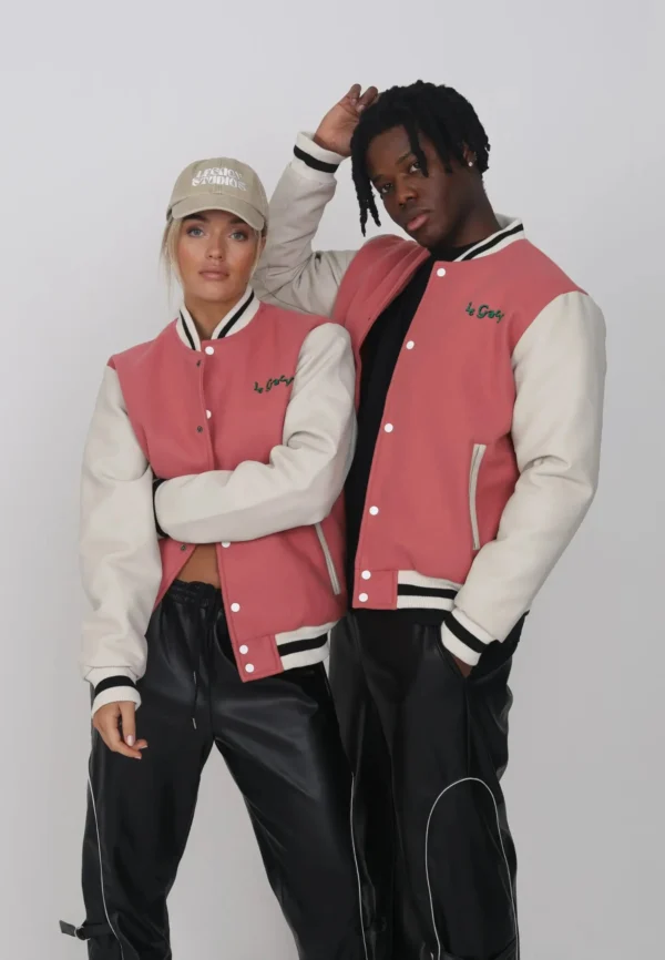 Legacy Studios Lamar Couple Wool & Leather Varsity Jacket Pink:Whi