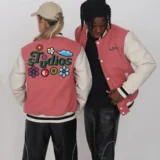 Legacy Studios Lamar Couple Wool & Leather Varsity Jacket Pink:Whit