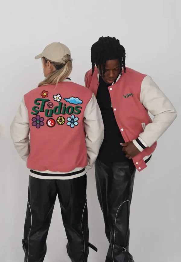 Legacy Studios Lamar Couple Wool & Leather Varsity Jacket Pink:Whit