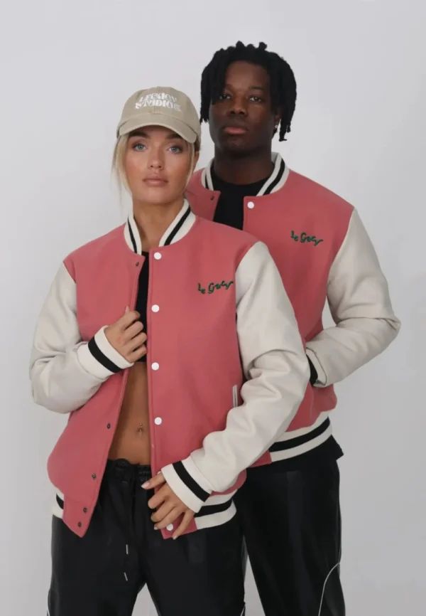 Legacy Studios Lamar Couple Wool & Leather Varsity Jacket Pink:White