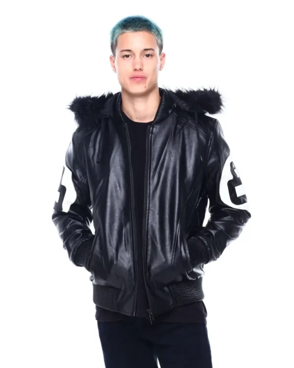 Mens Black 8 Ball Real Leather Hooded Jacket