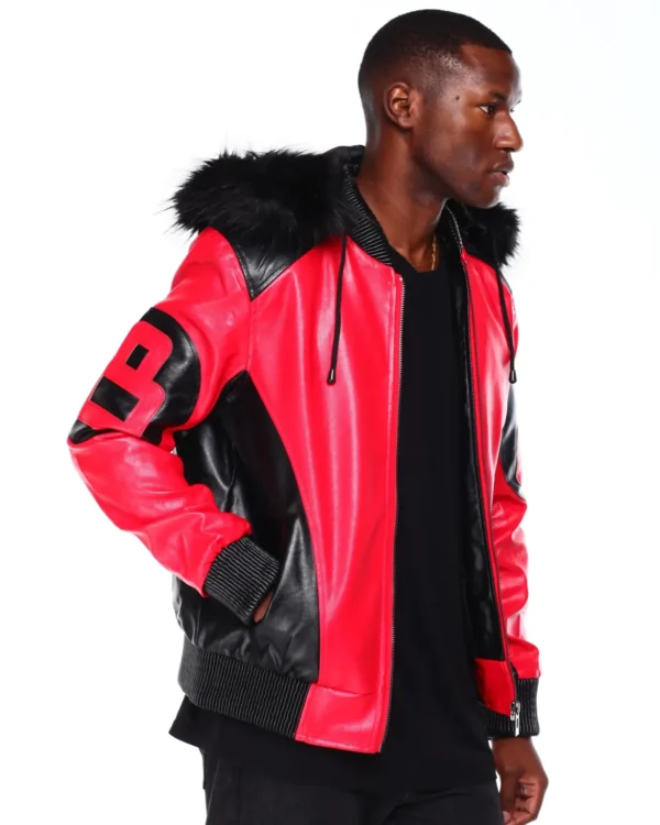 Mens Black Red 8 Ball Hooded Leather Jacket