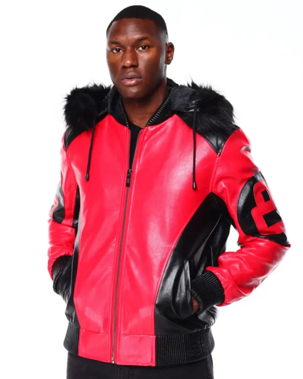 Mens Black Red 8 Ball Hooded Leather Jacket