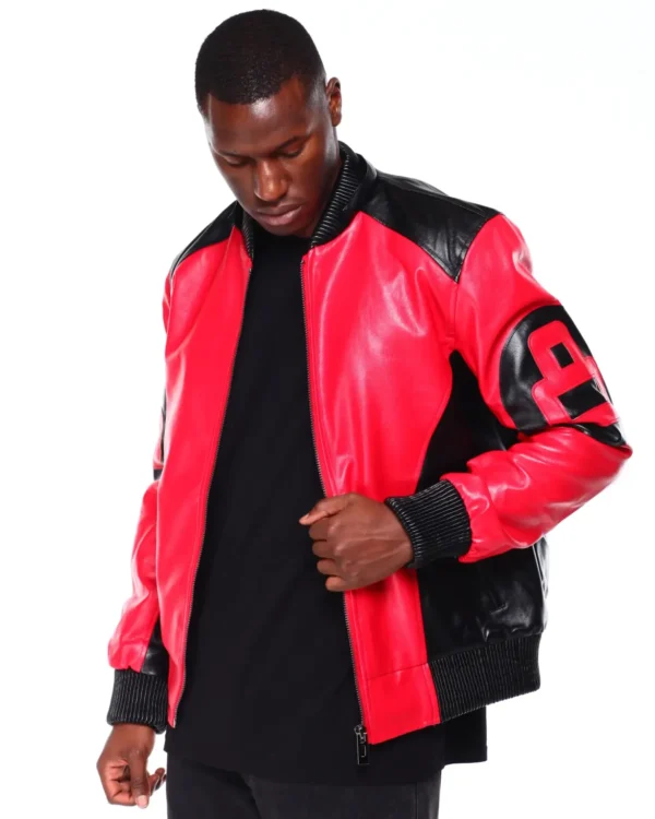 Mens Black Red 8 Ball Hooded Leather Jacket