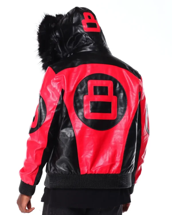 Mens Black Red 8 Ball Hooded Leather Jacket