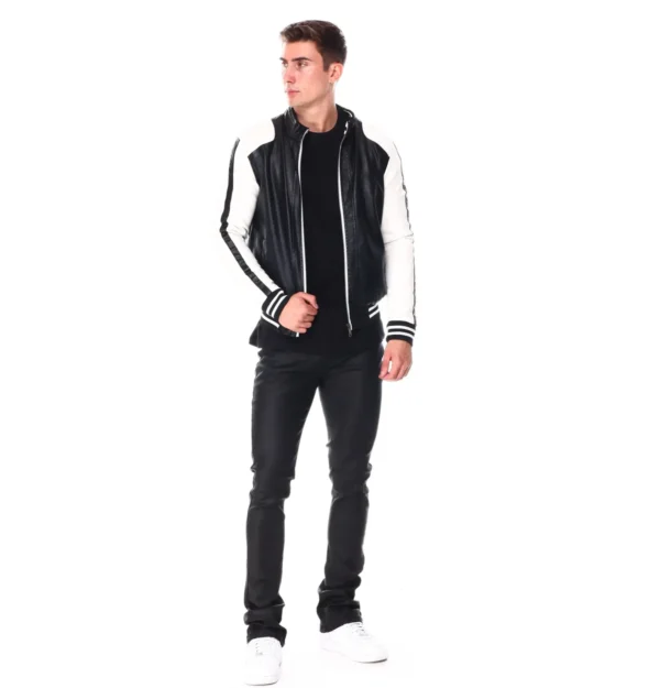 Mens Moto Colrblock Bomber Leather Jacket