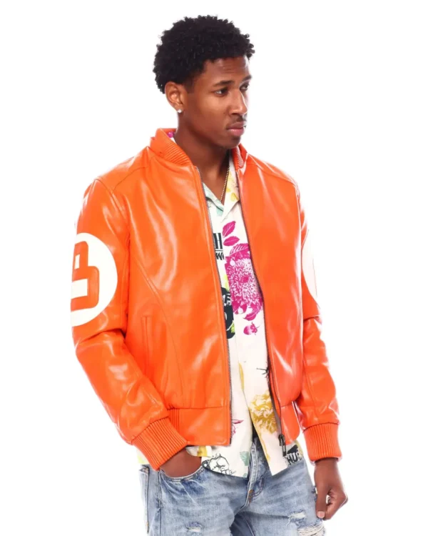 Mens Orange 8 Ball Hooded Leather Jacket