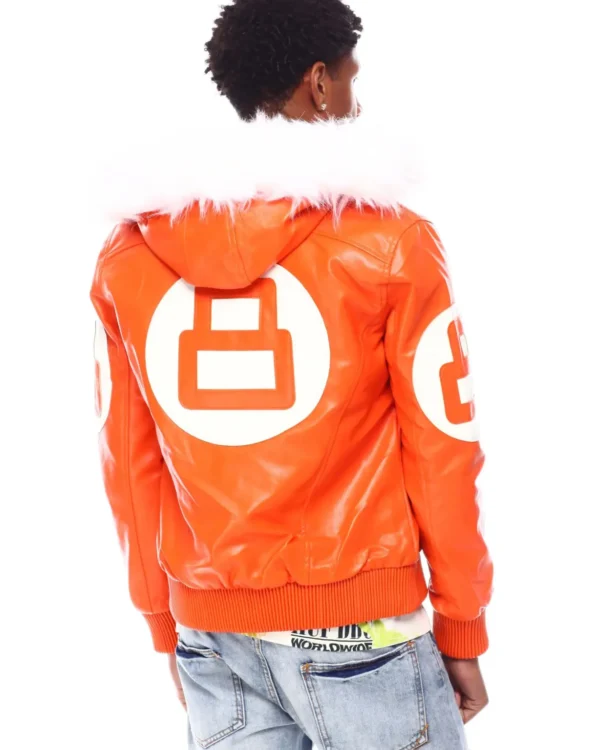 Mens Orange 8 Ball Hooded Leather Jacket