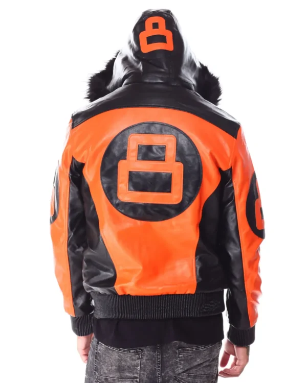 Mens Orange/Black 8 Ball Hooded Leather Bomber Jacket