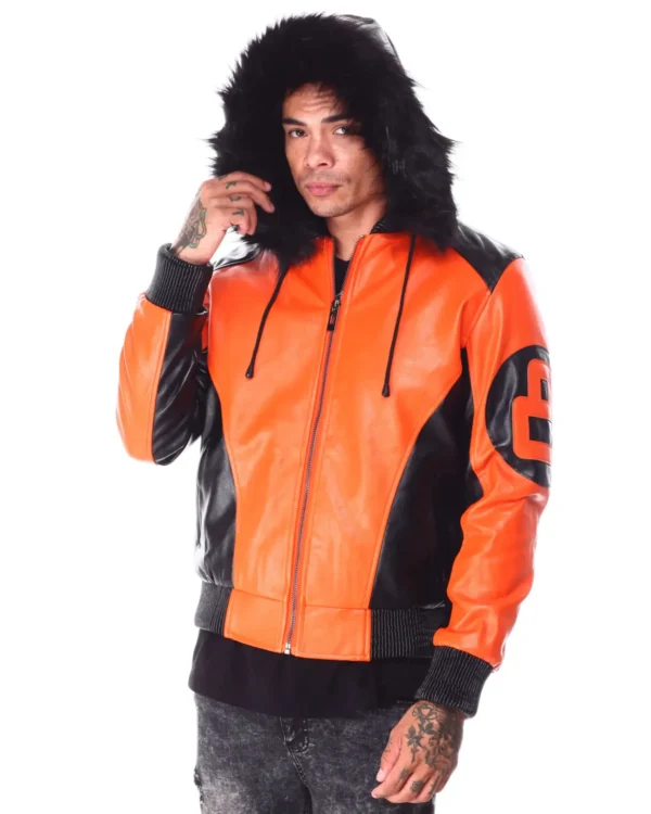 Mens Orange/Black 8 Ball Hooded Leather Bomber Jacket