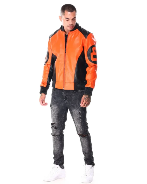 Mens Orange/Black 8 Ball Hooded Leather Bomber Jacket