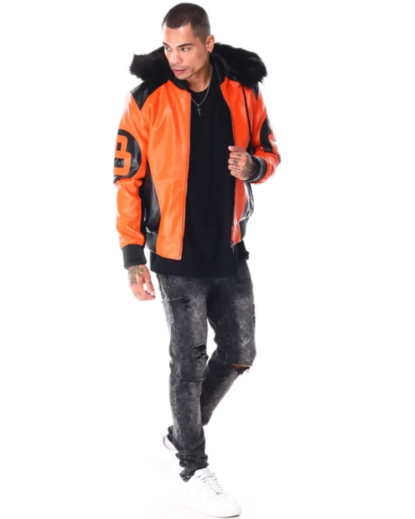 Mens Orange/Black 8 Ball Hooded Leather Bomber Jacket