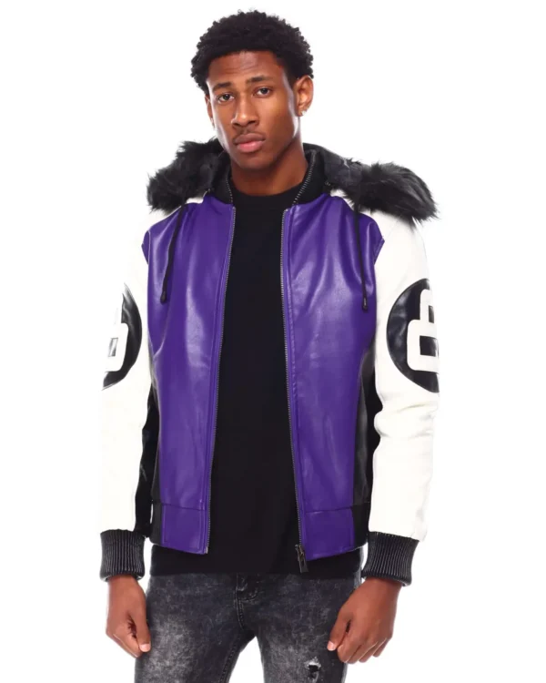 Mens Purple 8 Ball Color Block Hooded Bomber Jacket