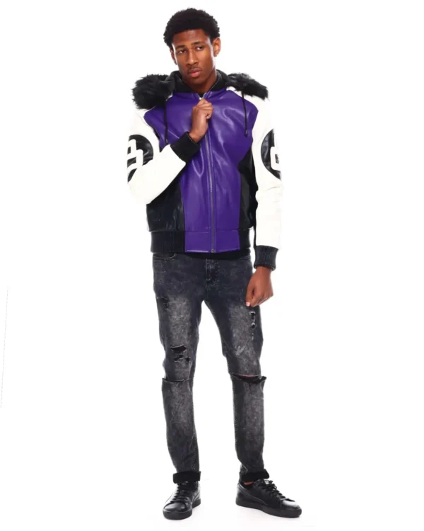 Mens Purple 8 Ball Color Block Hooded Bomber Jacket