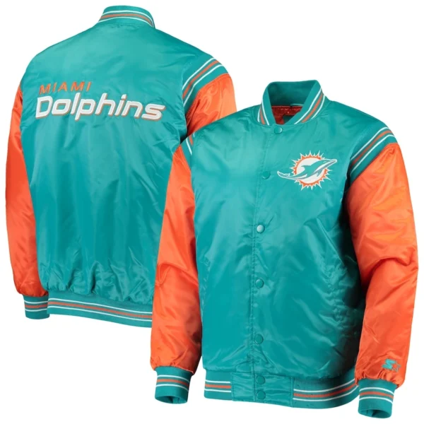 Miami Dolphins Enforcer Full-Snap Aqua/Orange Satin Varsity Jacket