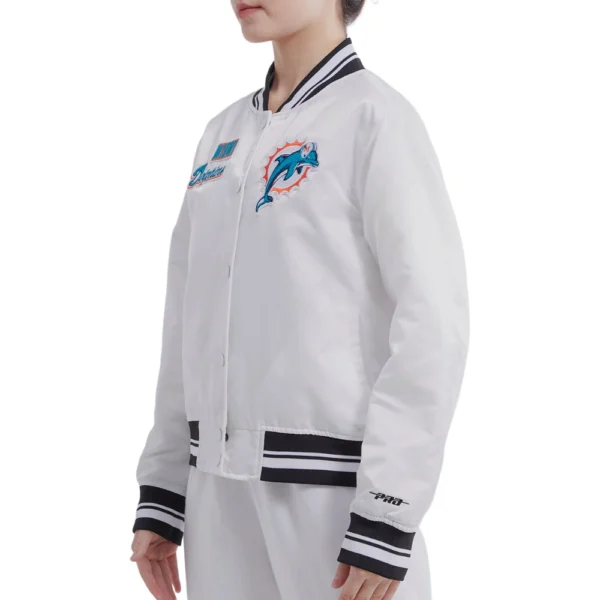 Miami Dolphins Retro Classic Full-Snap White Satin Varsity Jacket