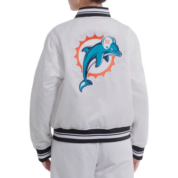 Miami Dolphins Retro Classic Full-Snap White Satin Varsity Jacket