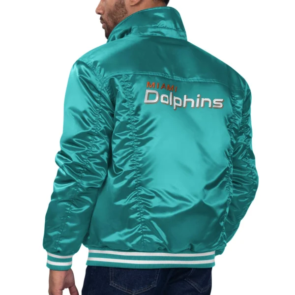 Miami Dolphins Silver Tab Aqua Satin Trucker Varsity Jacket