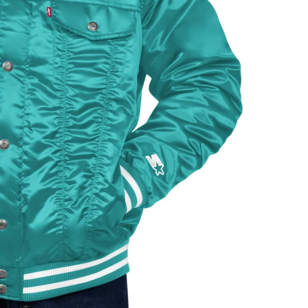 Miami Dolphins Silver Tab Aqua Satin Trucker Varsity Jacket