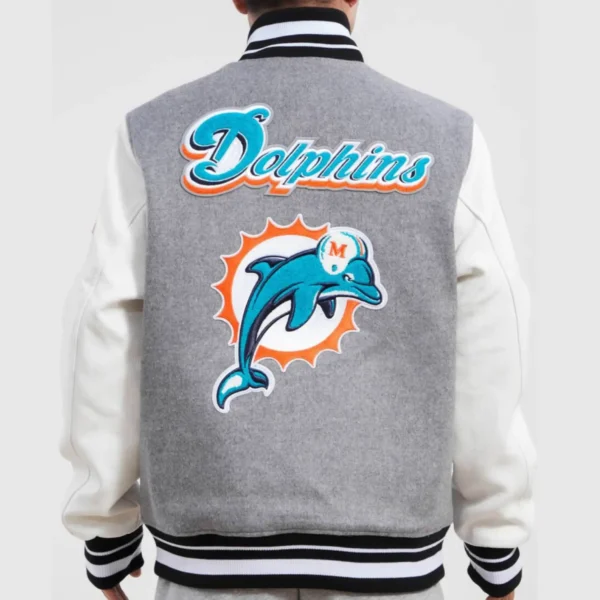 Miami Dolphins Wool & Leather Varsity Jacket Heather Grey & White