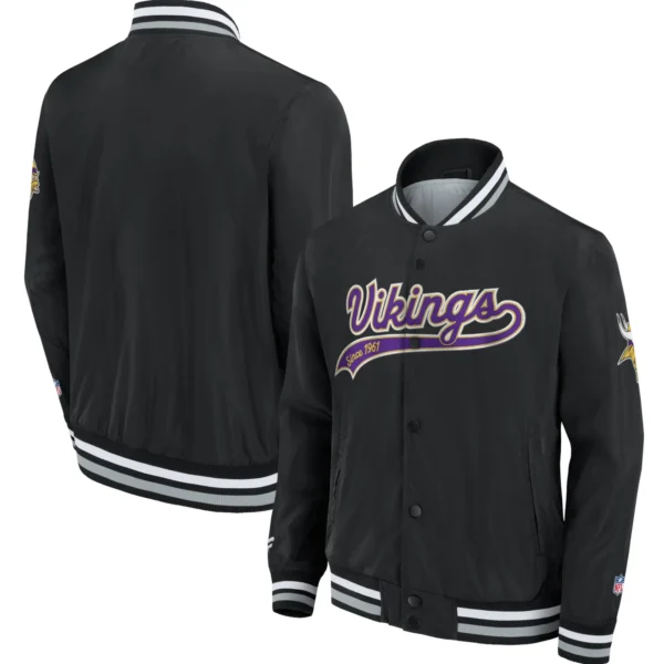 Minnesota Vikings Snap-Tab Black Satin Varsity Jacket