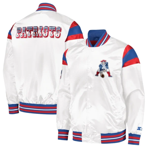 New England Patriots Full-Snap White Satin Varsity Jacket