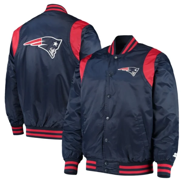 New England Patriots Prime Time Full-Snap Navy Satin Varsity Jacket