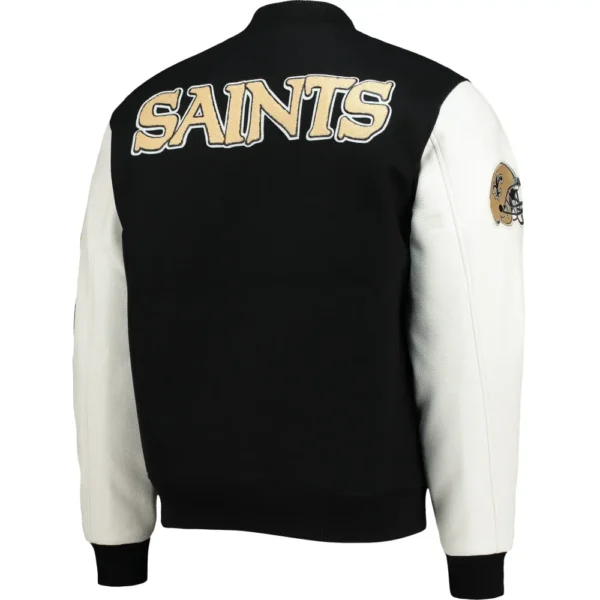 New Orleans Saints Black & White Logo Wool & Leather Varsity Jacket