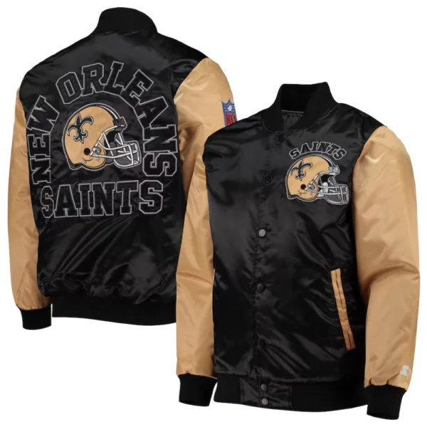 New Orleans Saints Locker Room Throwback Satin Varsity Jacket – Black/Golden