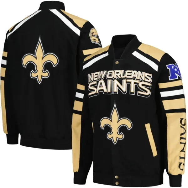 New Orleans Saints Logo Black & Golden Satin Varsity Jacket