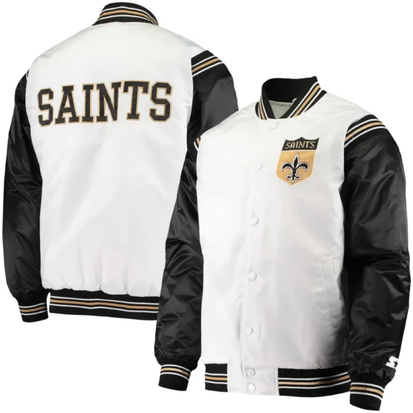 New Orleans Saints Logo White & Black Satin Varsity Jacket