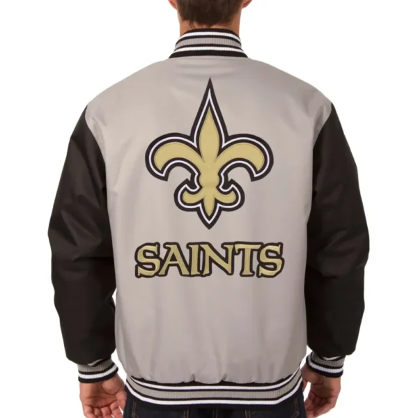 New Orleans Saints Satin Varsity Jacket Gray & Black