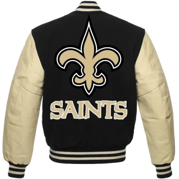 New Orleans Saints Wool & Leather Varsity Jacket Snap Button Closure