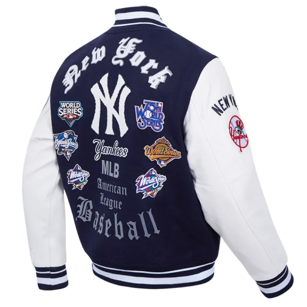 New York Yankees Old English Navy/White Wool & Leather Varsity Jacket