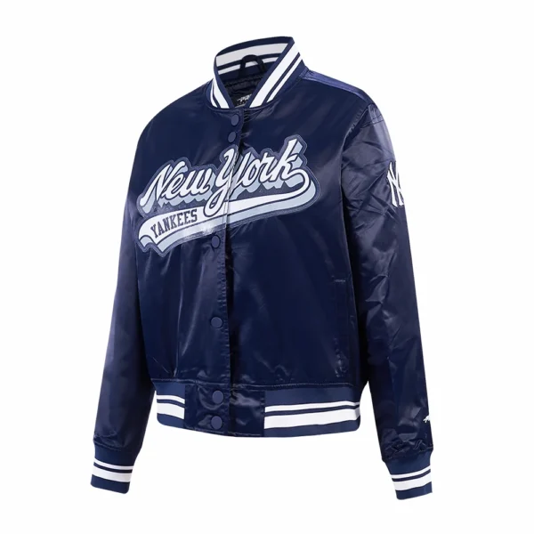 New York Yankees Script Tail Women’s Navy Satin Varsity Jacket