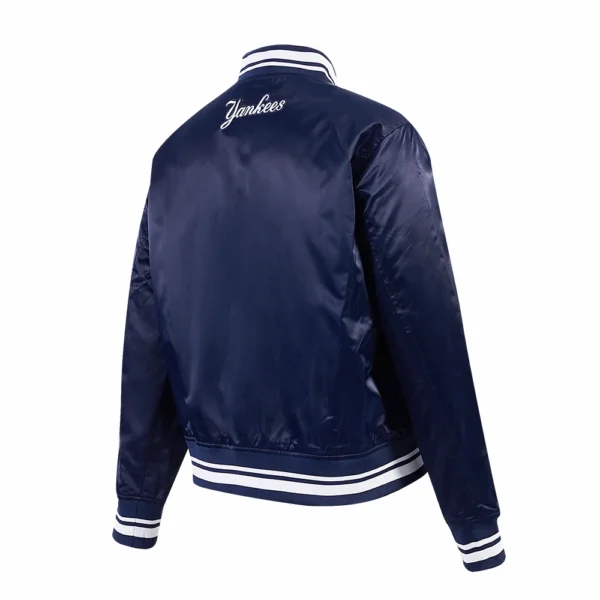 New York Yankees Script Tail Women’s Navy Satin Varsity Jacket