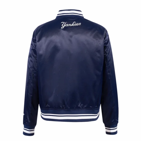 New York Yankees Script Tail Women’s Navy Satin Varsity Jacket