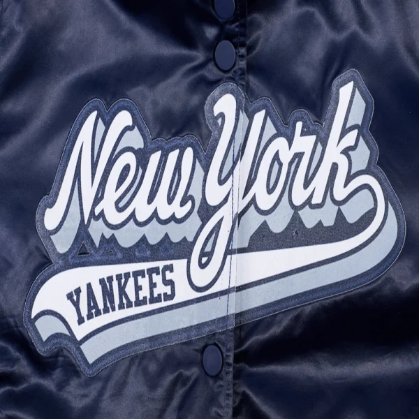 New York Yankees Script Tail Women’s Navy Satin Varsity Jacket