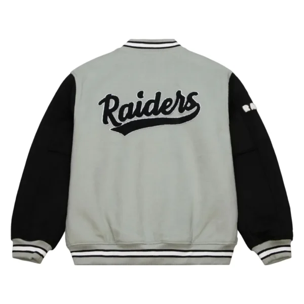 Las Vegas Raiders Gridiron Classics Team Legacy Gray/Black Satin Varsity Jacket