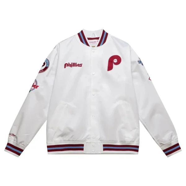 Philadelphia Phillies City Collection Full-Snap White Satin Varsity Jacket