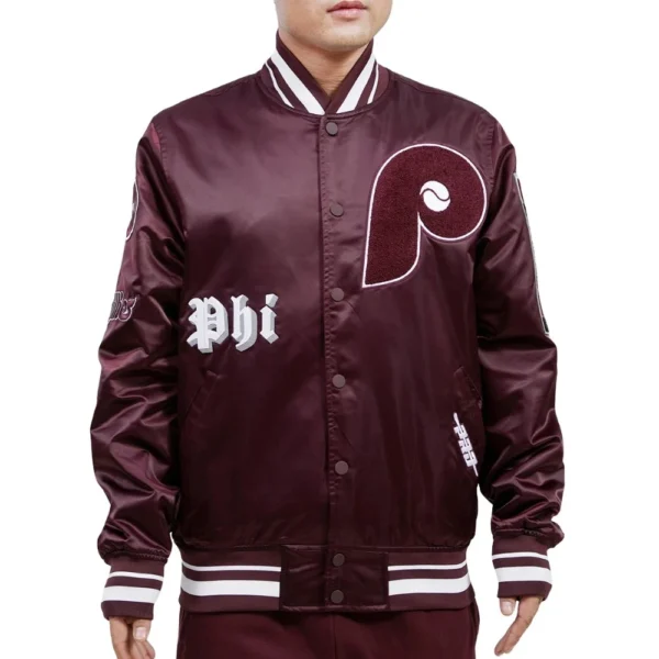 Philadelphia Phillies Full-Snap Satin Varsity Old English Maroon Jacket