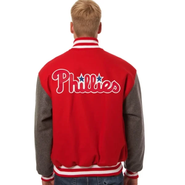 Philadelphia Phillies Handcrafted Logo Two-Tone Red Wool Varsity Jacke