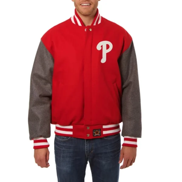 Philadelphia Phillies Handcrafted Logo Two-Tone Red Wool Varsity Jacket