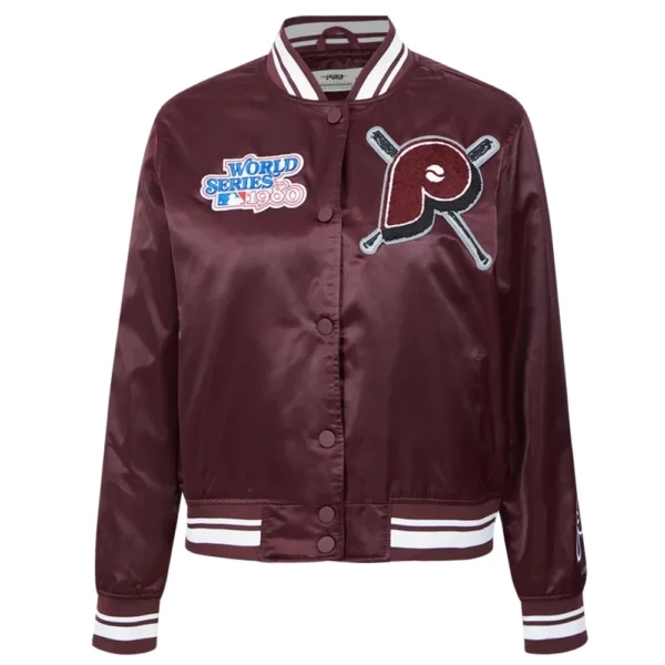 Philadelphia Phillies Mashup Full-Snap Wine Satin Varsity Jacket Women’s