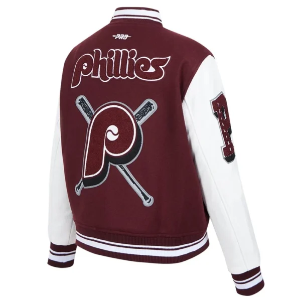 Philadelphia Phillies Mashup Wine:White Wool & Leather Varsity Jacket Wome