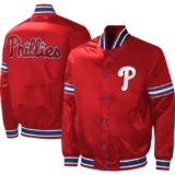 Philadelphia Phillies Midfield Full-Snap Satin Varsity Jacket Philadelphia Phillies Midfield Full-Snap Red Satin Varsity Jac