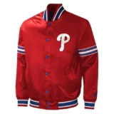 Philadelphia Phillies Midfield Full-Snap Satin Varsity Jacket Philadelphia Phillies Midfield Full-Snap Red Satin Varsity Jacket