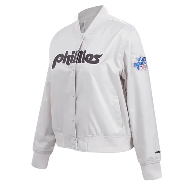 Philadelphia Phillies Retro Classic Full-Snap Satin Varsity White Jacket Women’