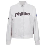 Philadelphia Phillies Retro Classic Full-Snap Satin Varsity White Jacket Women’s