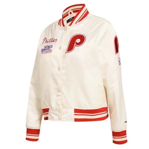 Philadelphia Phillies Retro Classic Full-Snap White Satin Varsity Jacket Wome